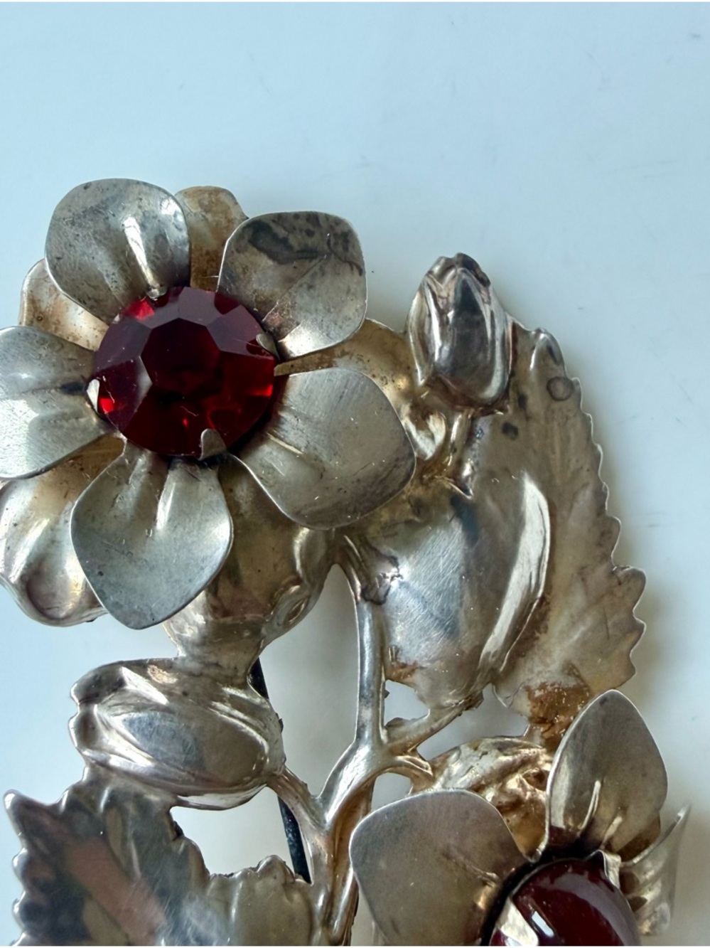 Vintage Gold Over Sterling Silver Large Red Cabochon Floral Bouquet Brooch Pin - Picture 4 of 16